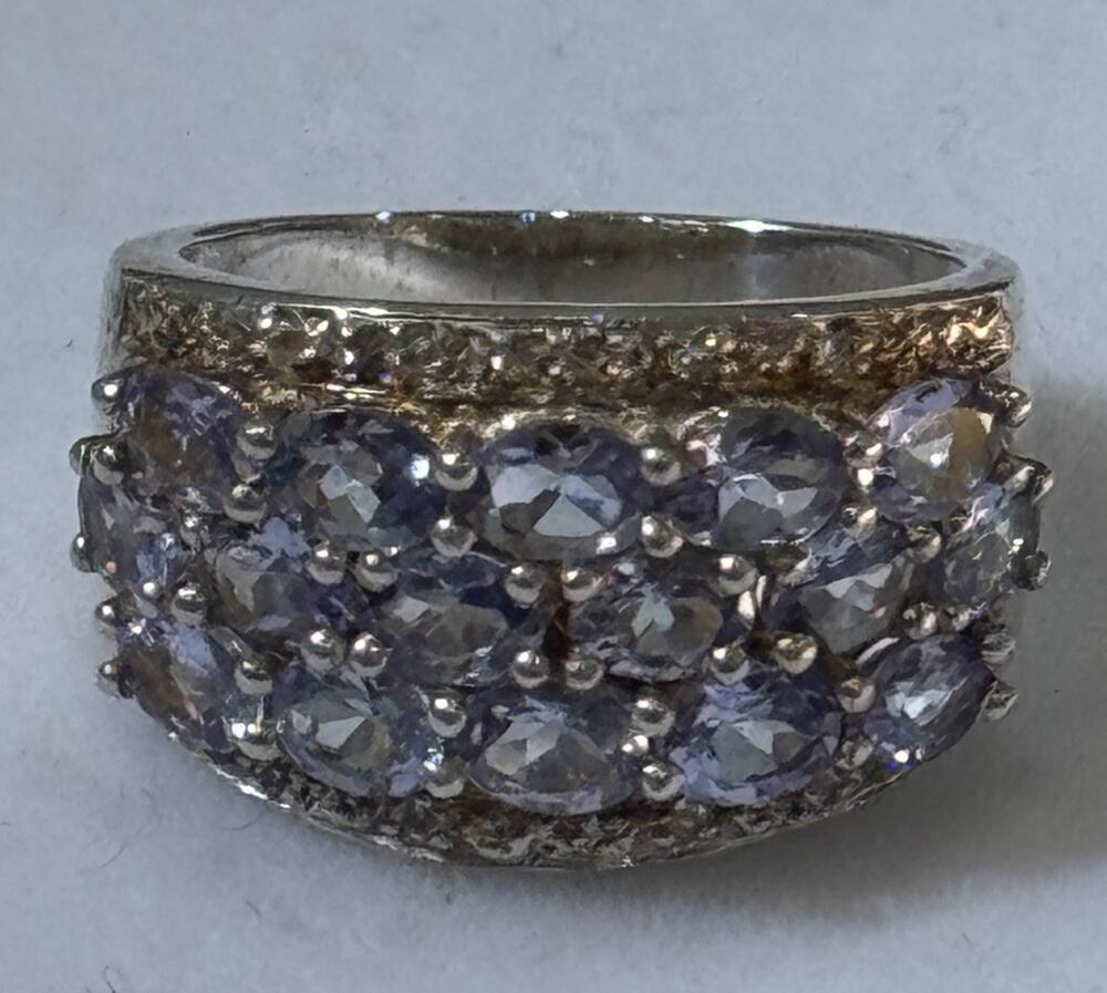 Vintage Tanzanite Cluster 925 Sterling Silver Ring Statement Band Size 7.5